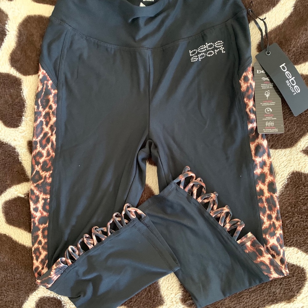 New Bebe Sport Black Leopard Capri gym pants XS 0